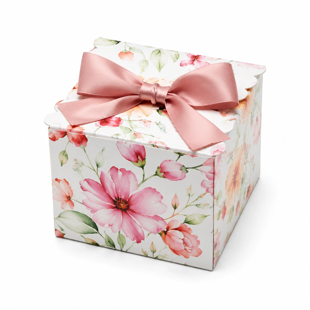 Boîte cadeau 20 cm en carton blanc rose à motif floral avec ruban décoratif