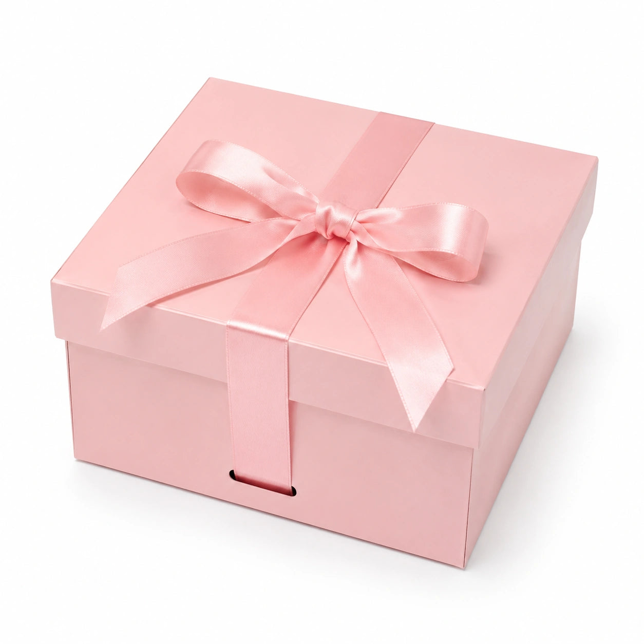 Boîte cadeau carrée 25 x 25 x 12 cm en carton rose avec ruban satin à couvercle
