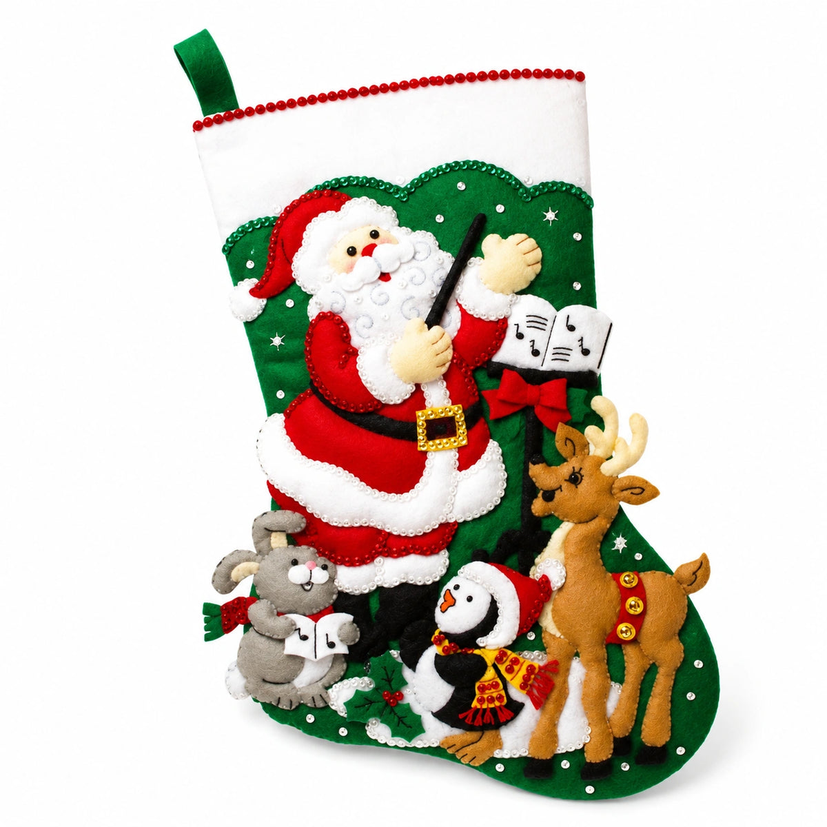 Chaussette de Noël décorative 45 x 30 cm en feutre vert rouge et blanc à suspendre
