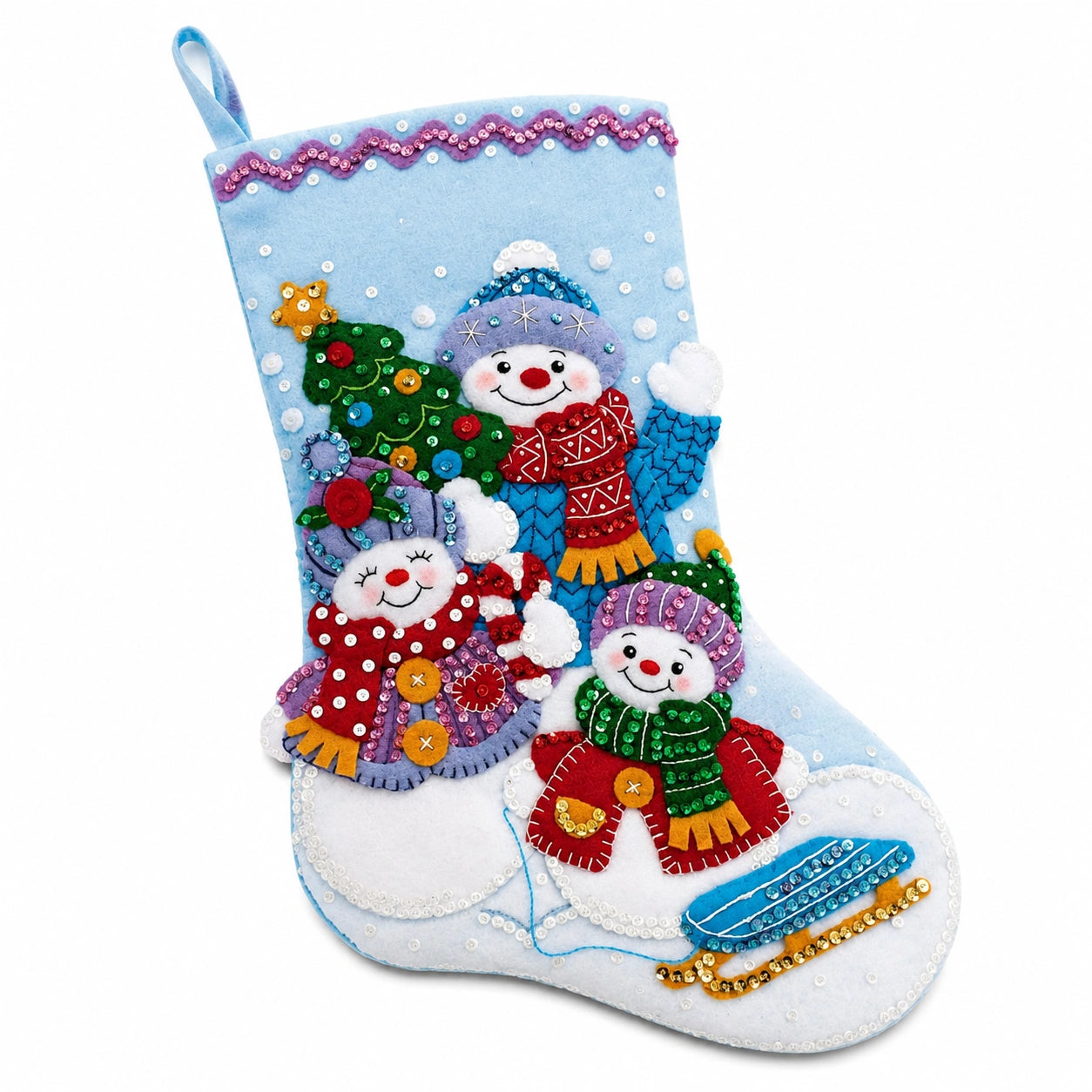 Chaussette décorative 45 cm en feutrine bleu clair à suspendre style hivernal