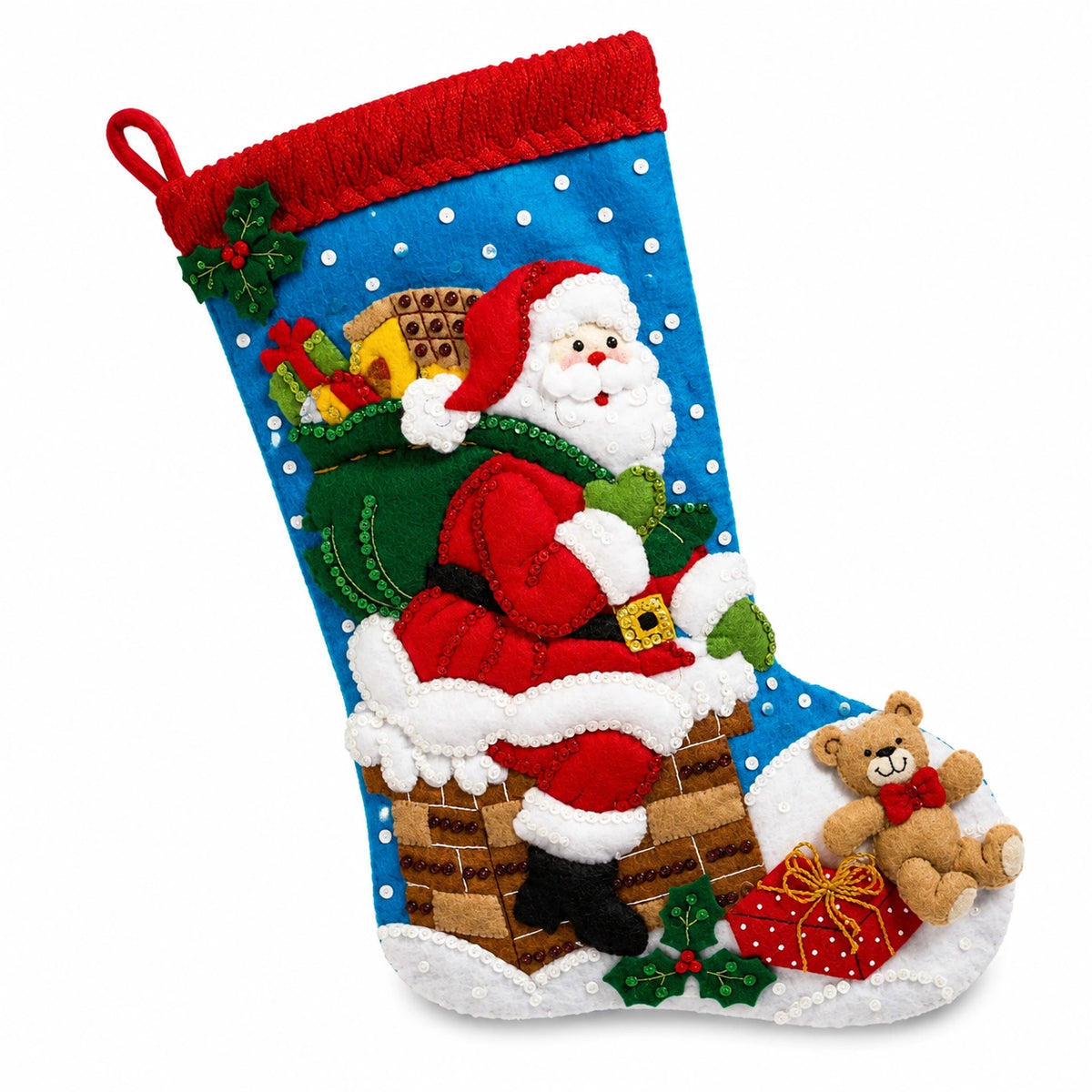 Chaussette de Noël taille unique en feutrine multicolore à suspendre motif Père Noël