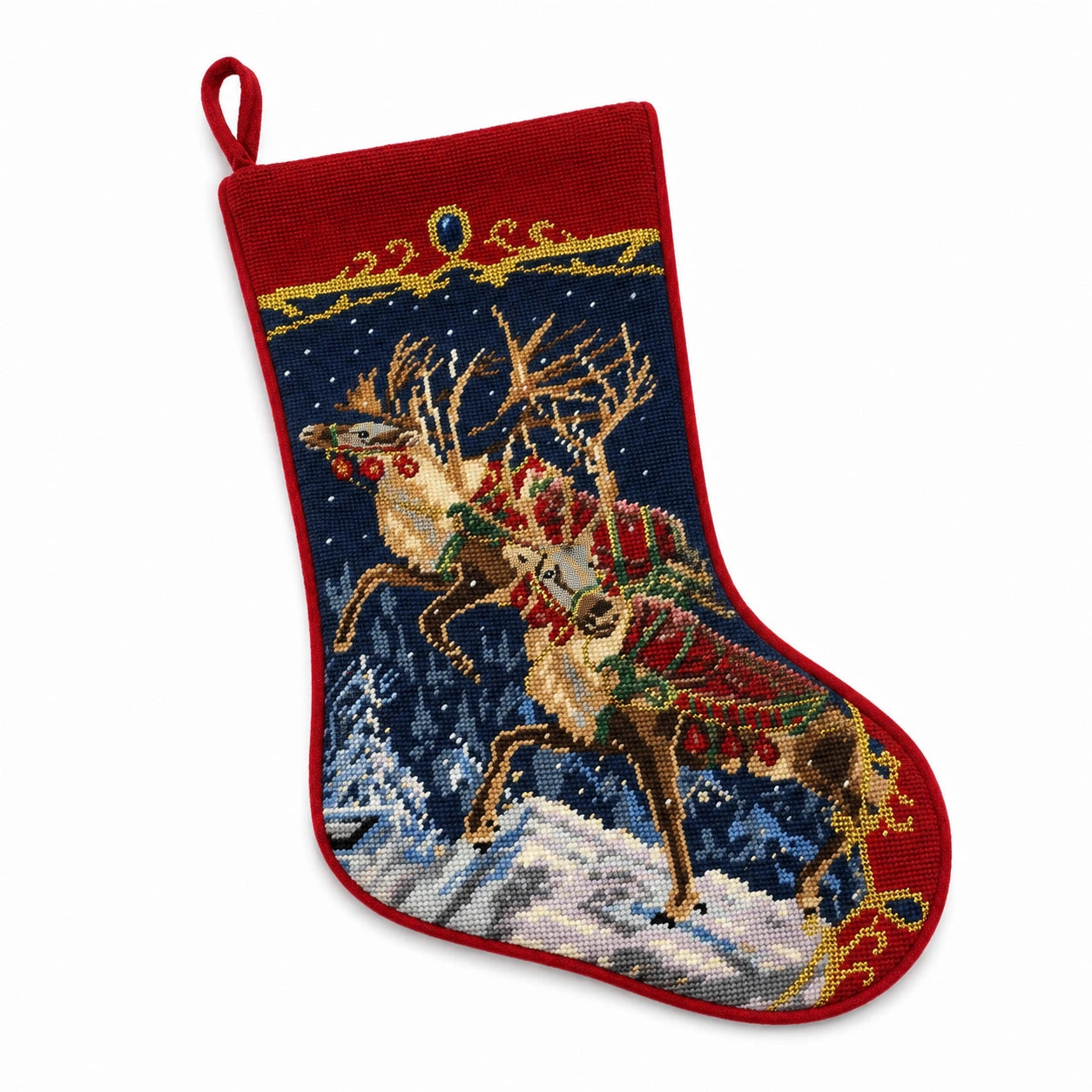 Chaussette de Noël 45 cm en textile tissé rouge bleu motif rennes à suspendre