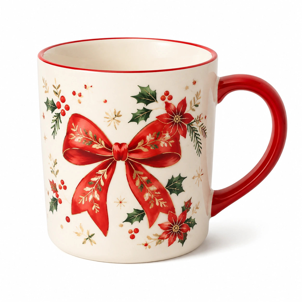 Mug en céramique 350 ml blanc rouge à motif nœud floral avec poignée ronde