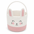 Panier de rangement rond 30 cm en corde de coton blanc et rose à motif lapin avec poignées