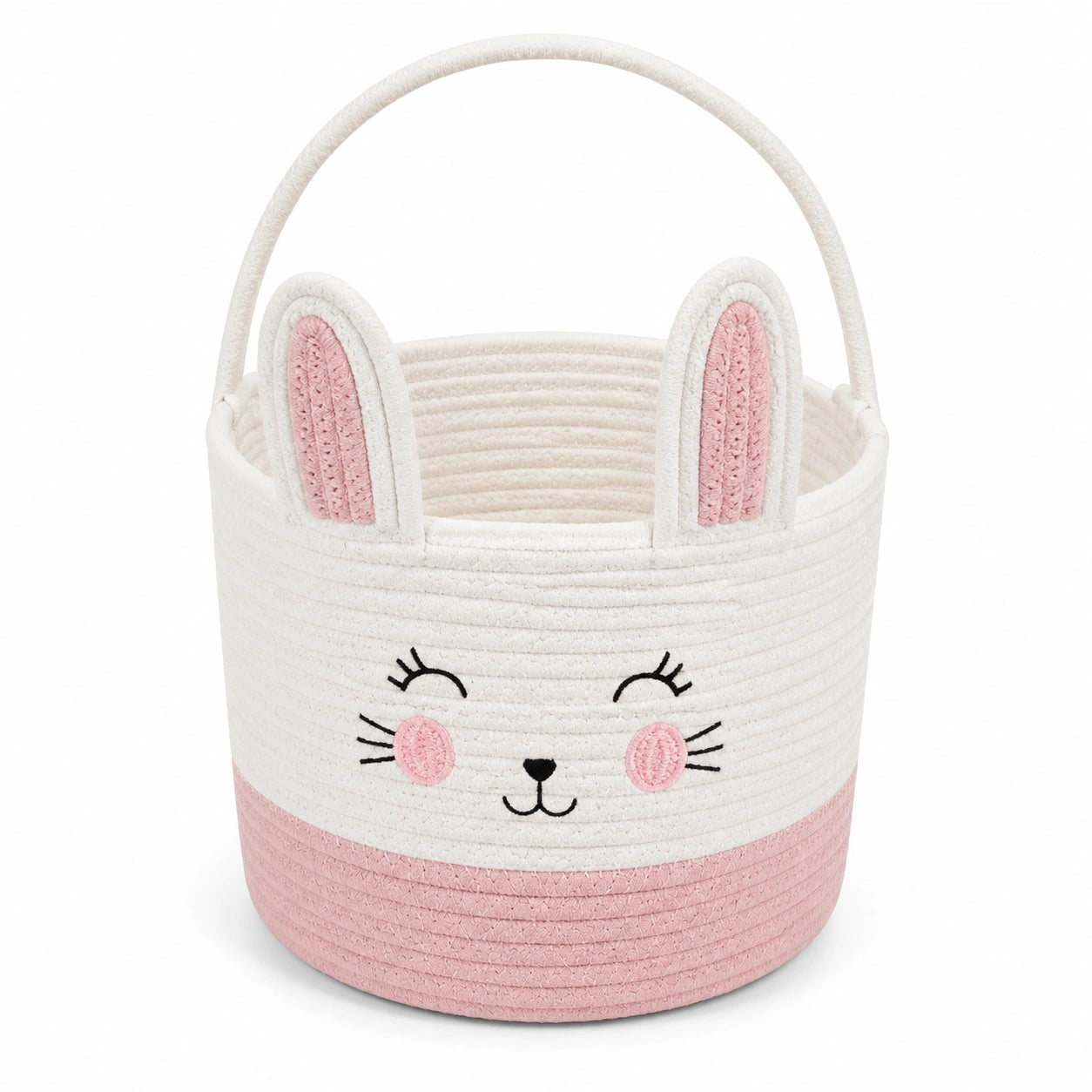 Panier de rangement rond 30 cm en corde de coton blanc et rose à motif lapin avec poignées