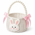 Panier de rangement décoratif 25 x 18 x 30 cm en fibres tressées blanc et rose avec poignée perlée style lapin