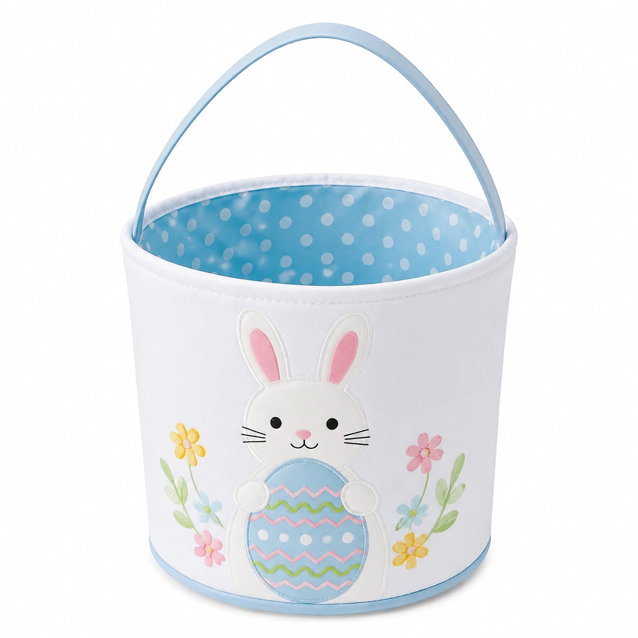 Panier de rangement rond 25 x 22 cm en tissu blanc bleu avec anse motif lapin