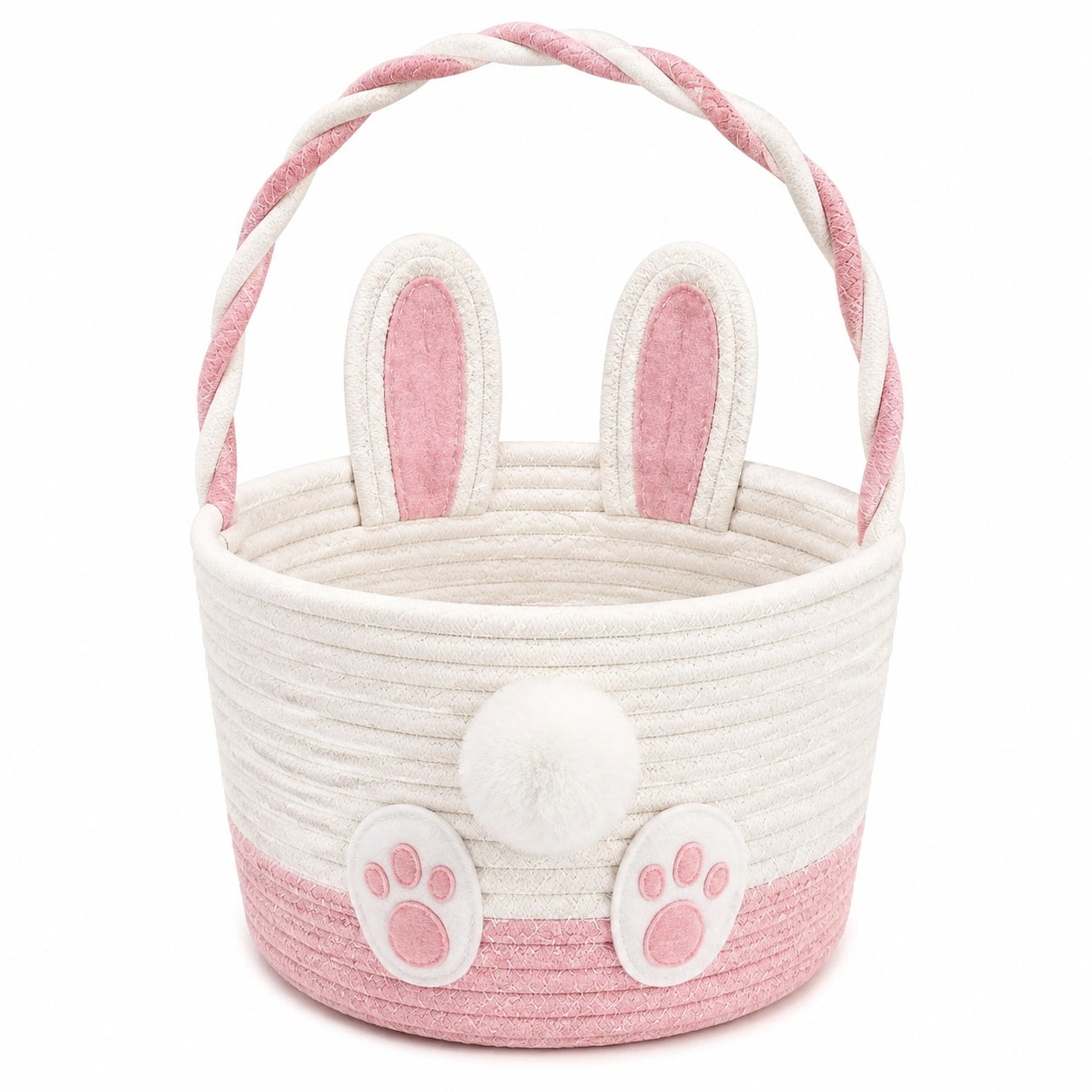 Panier de rangement rond 25 cm en corde de coton rose et blanc motif lapin avec anse