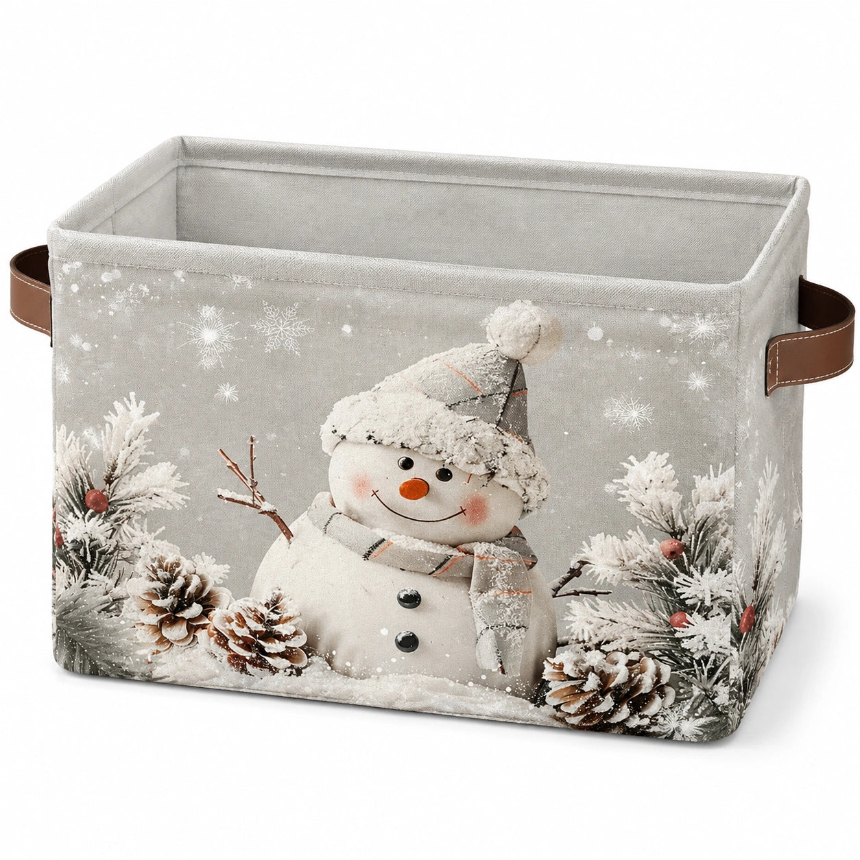 Panier de rangement 40 x 30 x 25 cm en tissu gris avec poignées motif bonhomme de neige - décoration hivernale