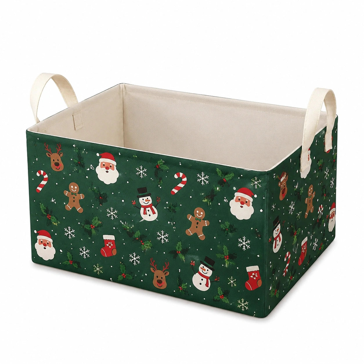 Panier de rangement 40 x 30 x 30 cm en toile verte à motifs hivernaux avec poignées