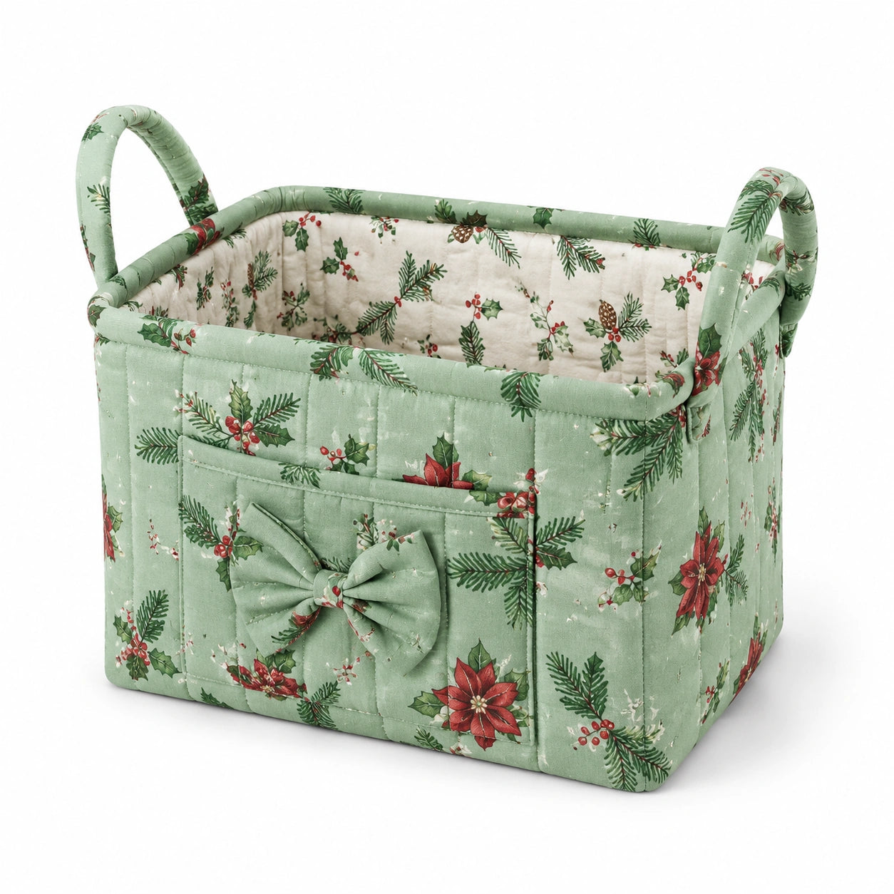 Panier de rangement 30 x 20 x 20 cm en tissu matelassé vert à poignées motif végétal