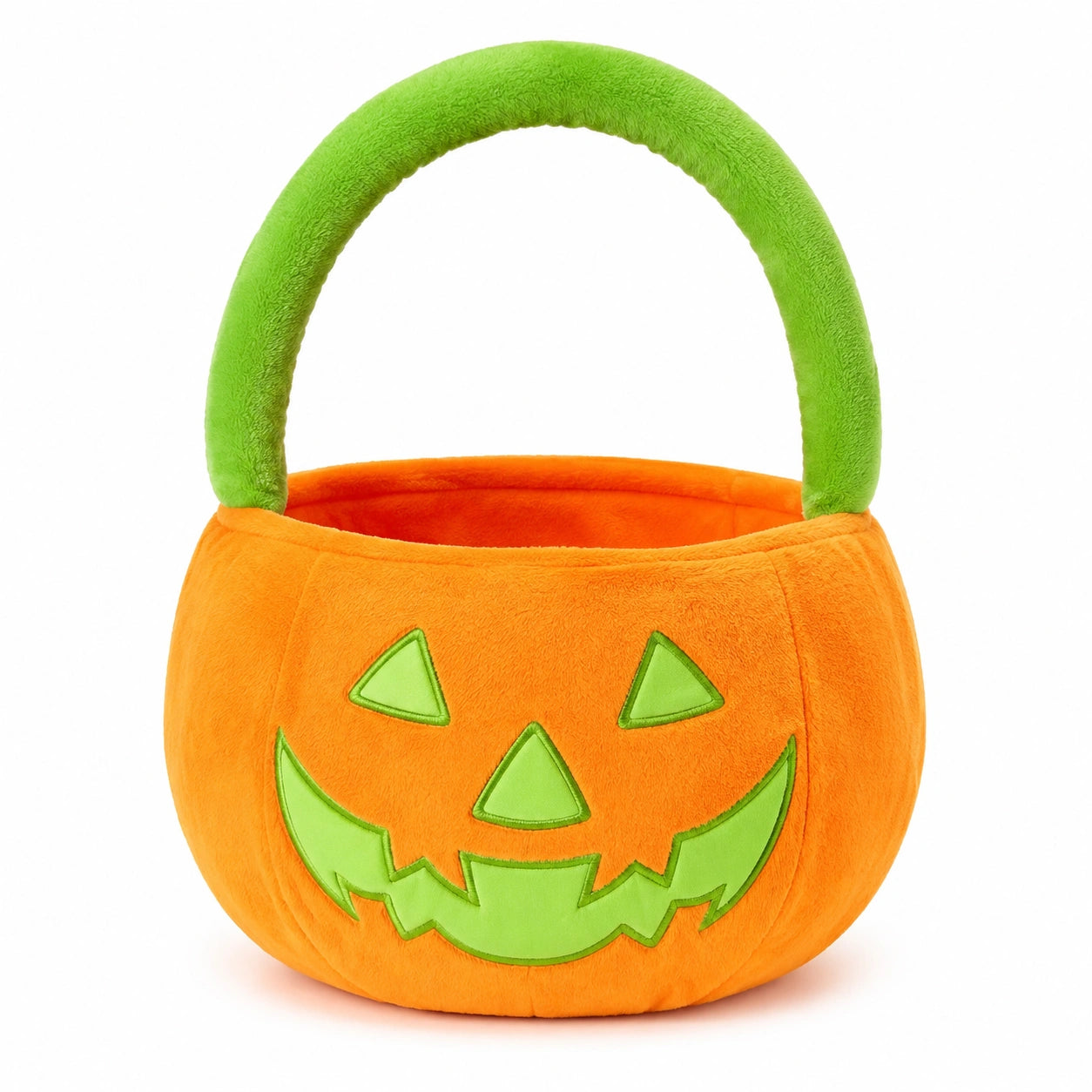 Panier de rangement citrouille 25 cm en peluche orange et vert avec anse souple