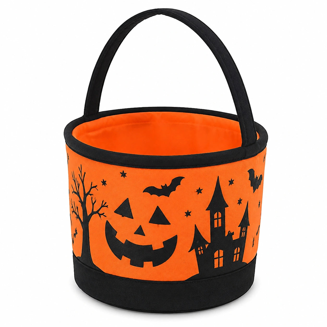 Panier à friandises rond 23 cm en tissu orange et noir à poignée décor citrouille