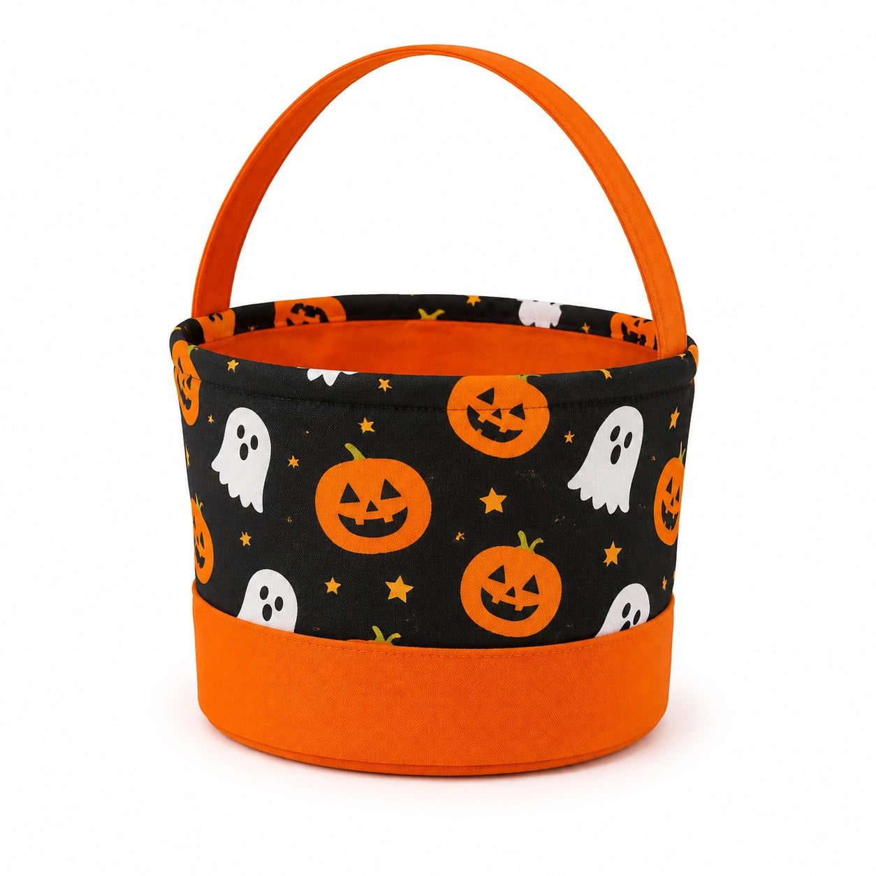 Panier rond 20 cm en polyester noir et orange à poignée pour friandises