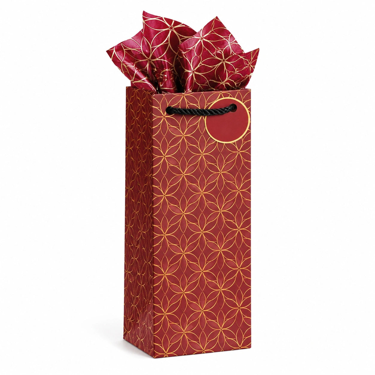 Sac cadeau pour bouteille 13 x 9 x 36 cm en papier rouge et doré à poignées torsadées style festif