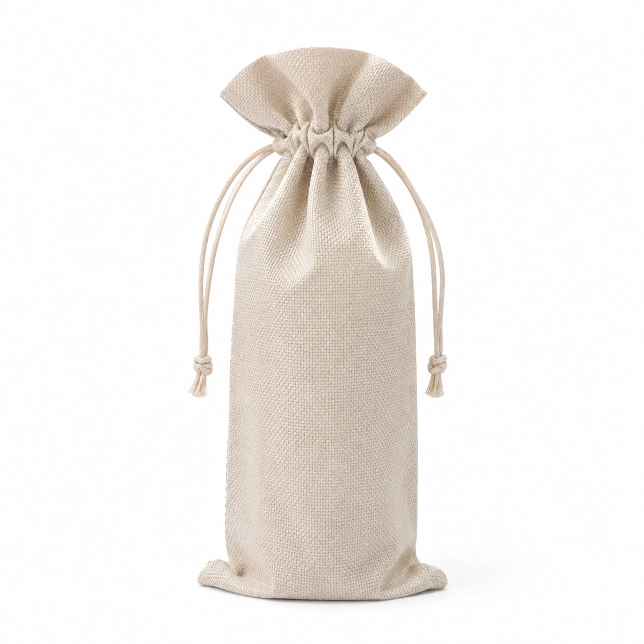 Sac cadeau bouteille 12 x 12 x 35 cm en tissu tissé beige à cordon coulissant
