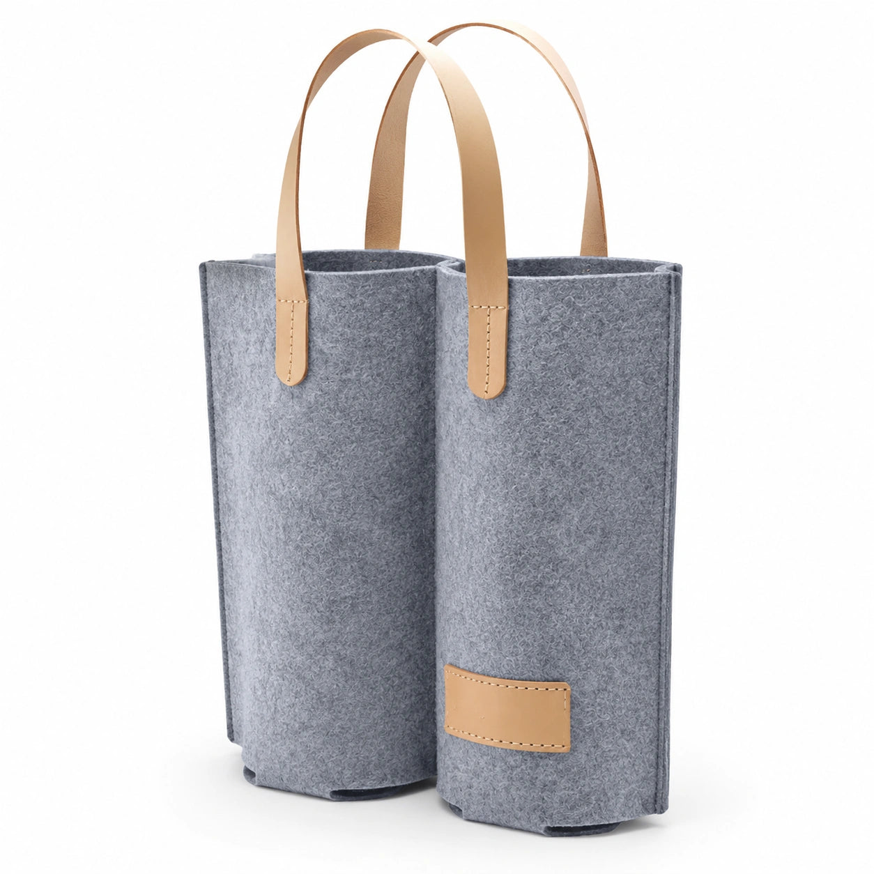 Sac porte-bouteilles 18 x 9 x 36 cm en feutre gris avec anses beige pour 2 bouteilles