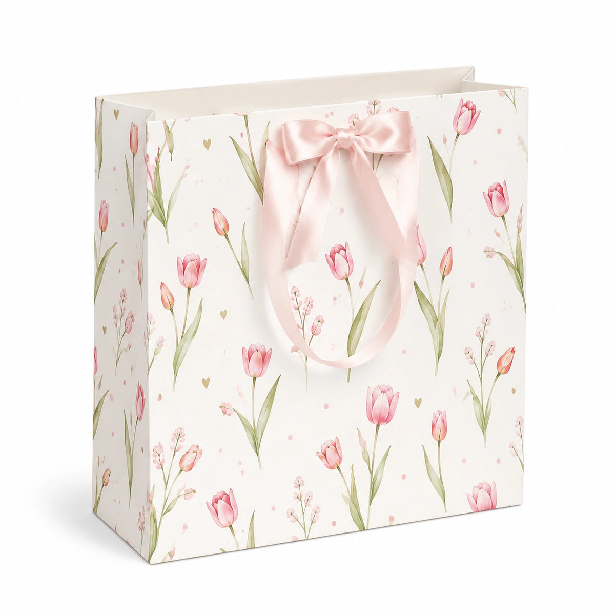 Sac cadeau 32 x 12 x 26 cm en papier blanc rose à fleurs avec anses ruban
