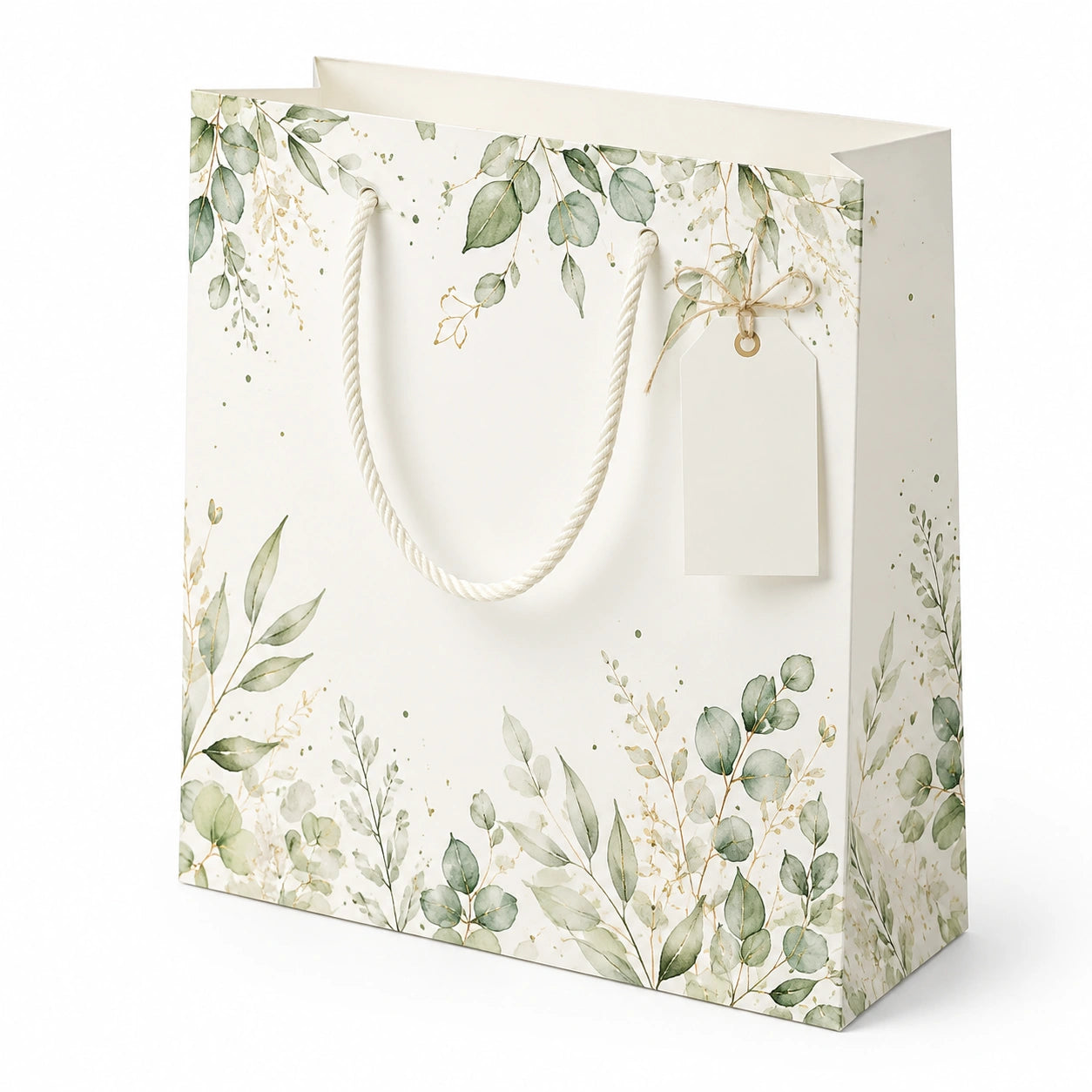 Sac cadeau 32 x 12 x 26 cm en papier blanc motif végétal avec anses en corde