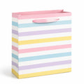 Sac cadeau 26 x 12 x 32 cm en papier rose bleu jaune violet à rayures avec anses ruban