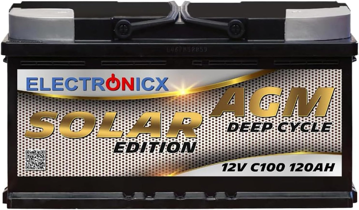 Electronicx Batteries de voiture, 120 Ah, 12 V, 353x175x190 mm, Noir/Gris, Batterie AGM, Deep Cycle Solar Edition