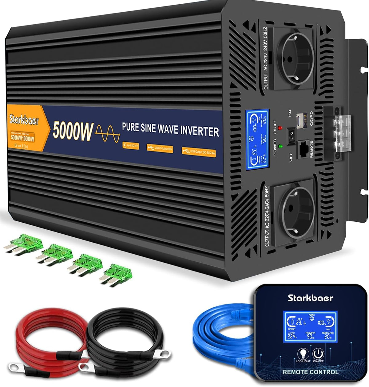 Starkbaer onduleur, 24 V, 230 V, 5000 W, 10000 W, Noir/Bleu, Transformateur de Tension Pure Sinus Camion