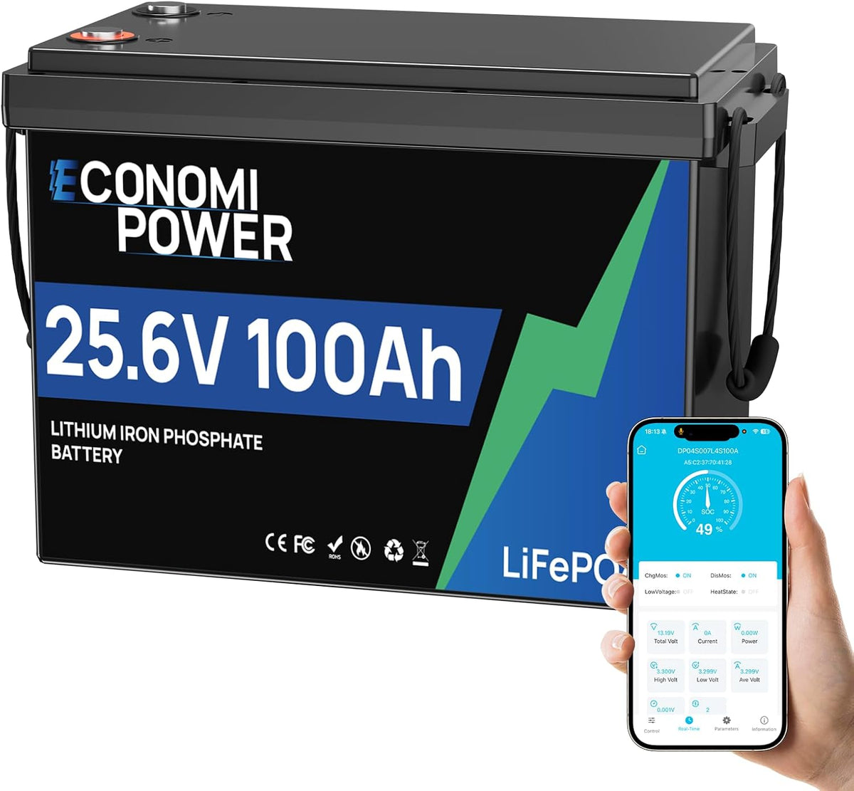 EconomiPower batterie, 24 V, 100 Ah, 2560 Wh, Noir/Bleu, Bluetooth Lithium Lifepo4, 100A BMS intégré, 6000+ Cycle profond lifepo4