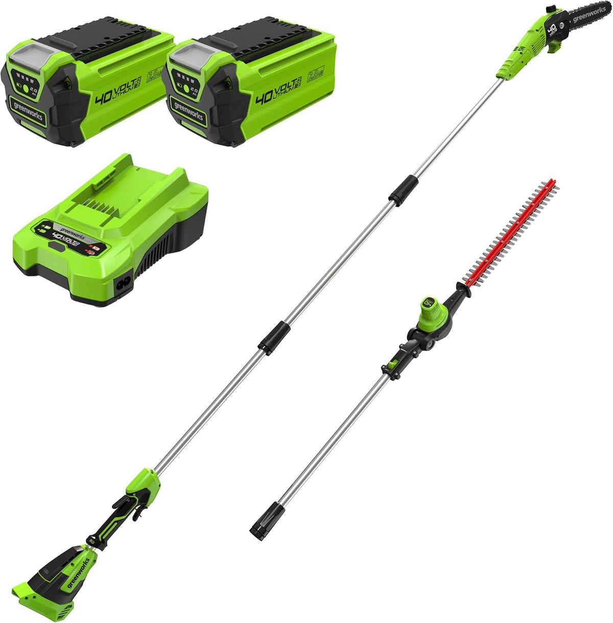 Greenworks Taille-haies, 40 V, 30 cm, 51 cm, Vert/Blanc, Scie à perche et taille-haie sans fil 2-en-1, moteur sans balais
