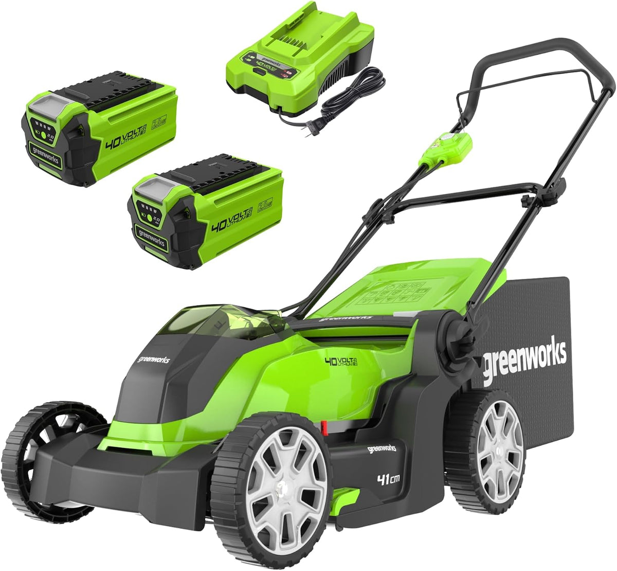 Greenworks tondeuse à gazon, 500 m, 41 cm, 50 L, 40 V, 2 Ah, Vert/Noir, G40LM41K2X sans Fil pour Pelouses Jusqu'à ²