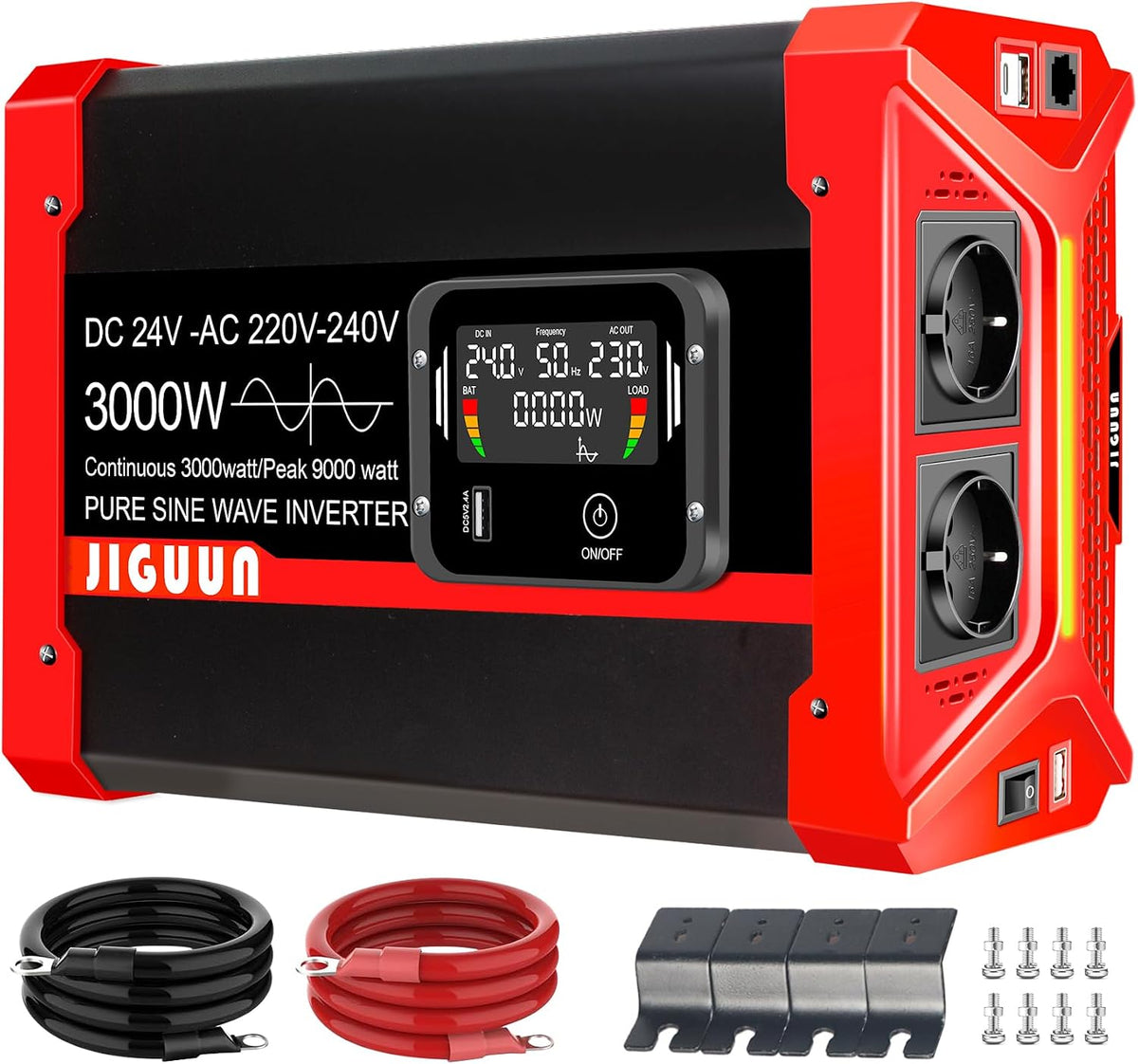 JIGUUN onduleur, 3000 W, 9000 W, 24 V, 220 V, Noir/Rouge, / Convertisseur Pur Sinus transformateur