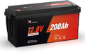 RVLithTime batterie, 12 V, 200 Ah, Noir/Rouge, Lithium avec 98% Efficacité, BMS 200A, 4500-16000 Cycles, Autodécharge 3% pour Systèmes Solaires