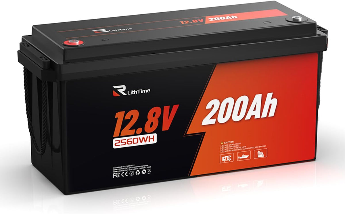 RVLithTime batterie, 12 V, 200 Ah, Noir/Rouge, Lithium avec 98% Efficacité, BMS 200A, 4500-16000 Cycles, Autodécharge 3% pour Systèmes Solaires