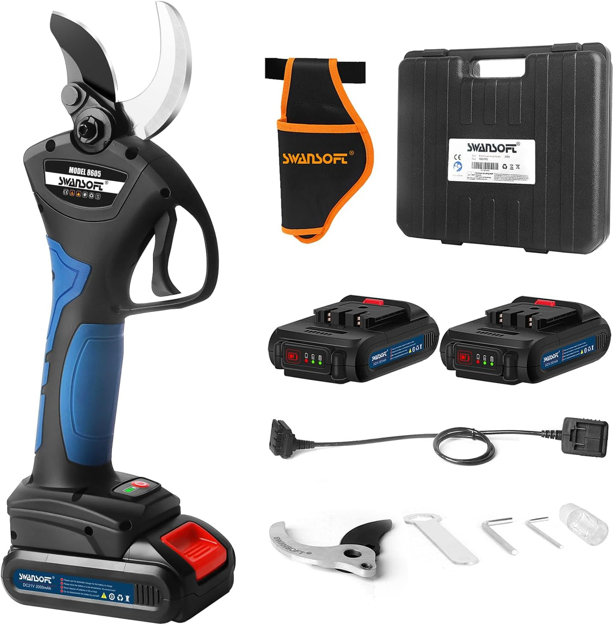 SWANSOFT Sécateurset ciseaux, 40 mm, 1050 W, 21 V, Noir/Blanc, 8605 Secateur Electrique Sans Fil, Progressif Secateur Electrique Professionnel