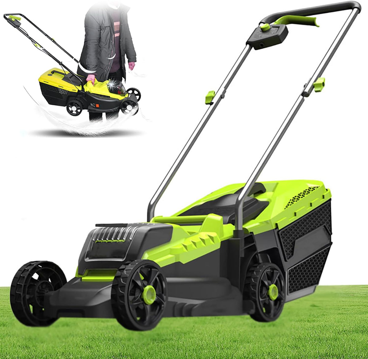 Tondeuse tondeuse à gazon, 1600 W., 40 V., 96 dB., 4,0 Ah, 32 cm, acier, fer., vert., à gazon sans fil 1600 W avec 2 batteries