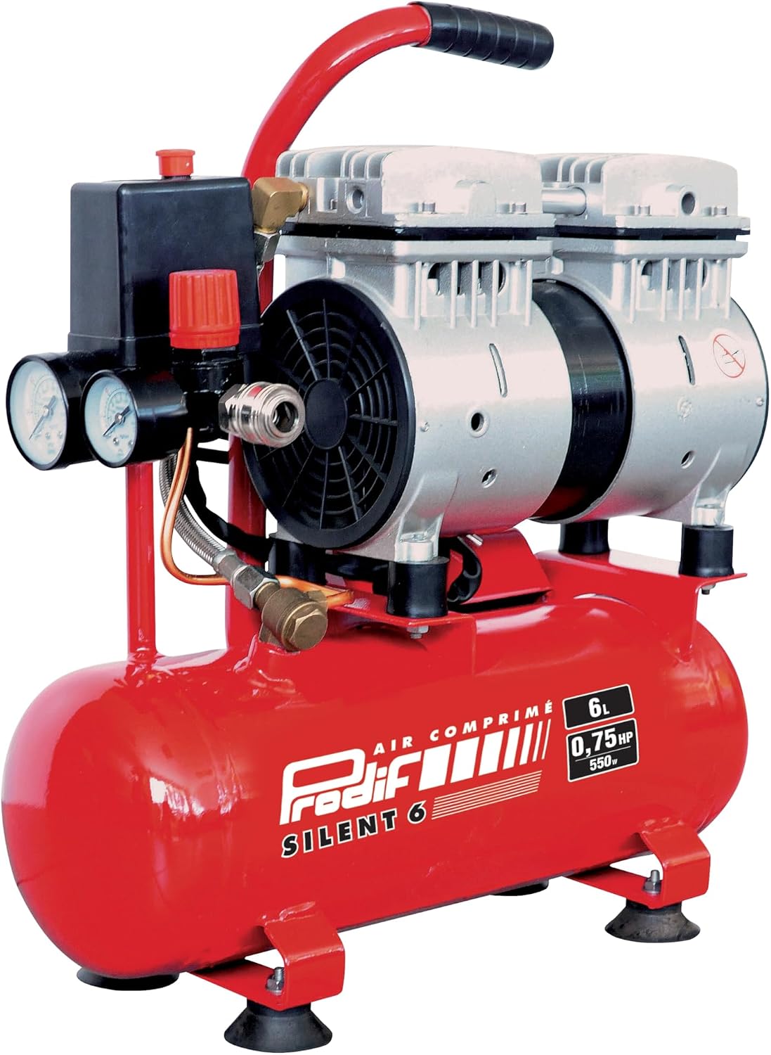 PRODIF Compresseurs d'air, 6 L, 8 BAR, Rouge/Gris, Compresseur silencieux, - SIL06J