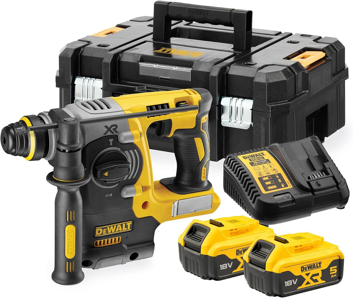 DEWALT Perceuses à percussion, 18 V, 24 mm, 5 Ah, Noir/Gris, - Perforateur sans fil SDS-Plus Brushless XR, 2 batteries