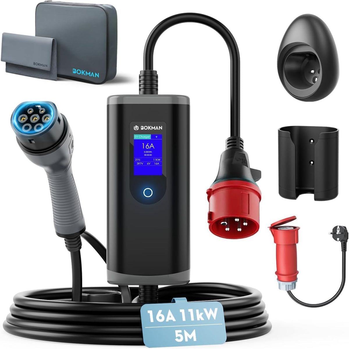 bokman Stations de charge, 11 KW, 5 m, Noir/Gris, Chargeur Voiture Électrique Portable Type 2