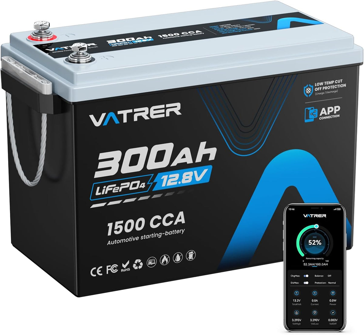 VATRER POWER batterie, 12,8 V, 300 Ah, Noir/Bleu, Lot de 2 LiFePO4, BMS 200A surveillance Bluetooth
