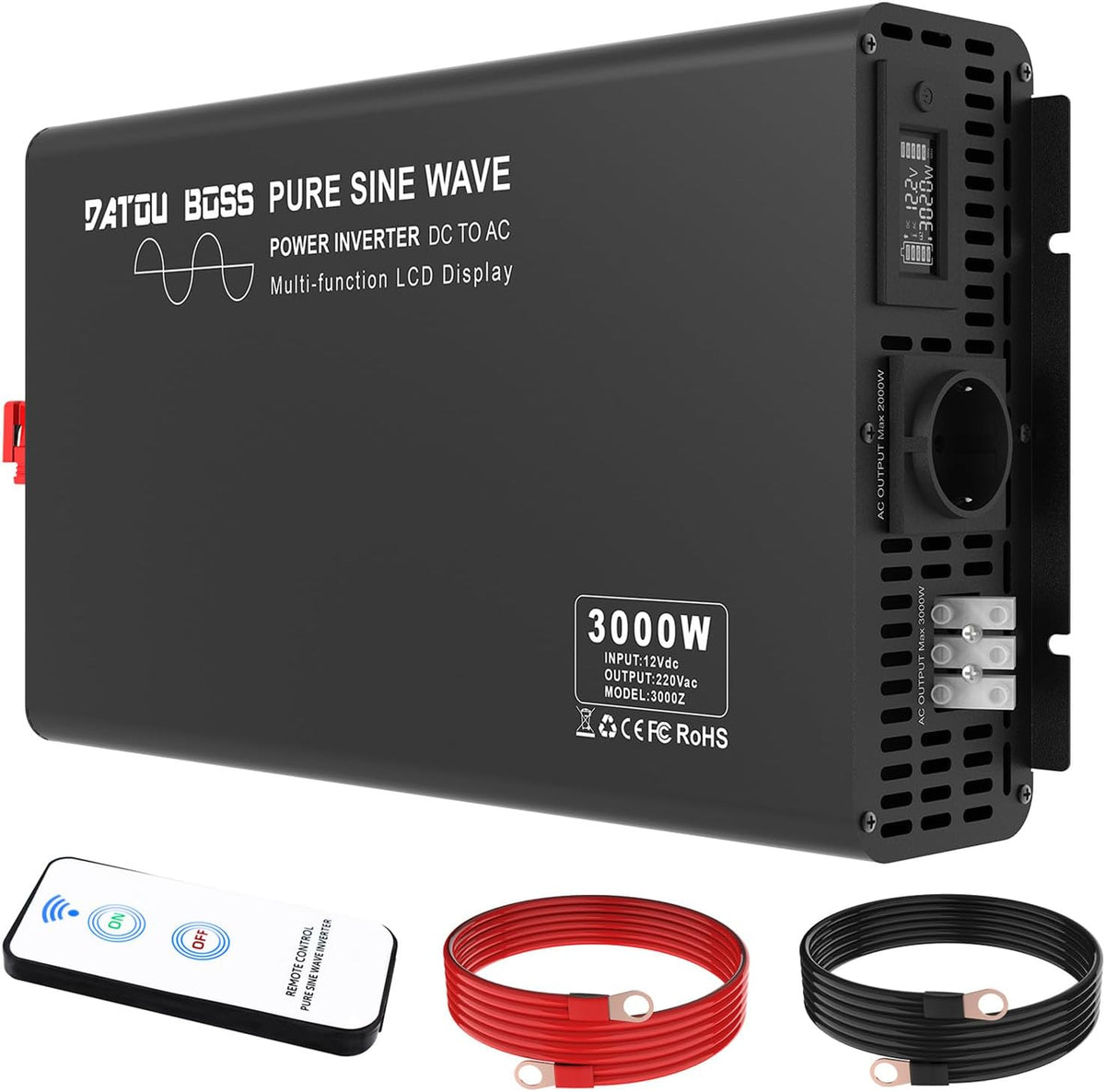DATOUBOSS onduleur, 12v, 220v, 3000 W, 6000 W, 10 m, Noir/Gris, Convertisseur Pur Sinus /, 1 Prise EU, Écran LCD