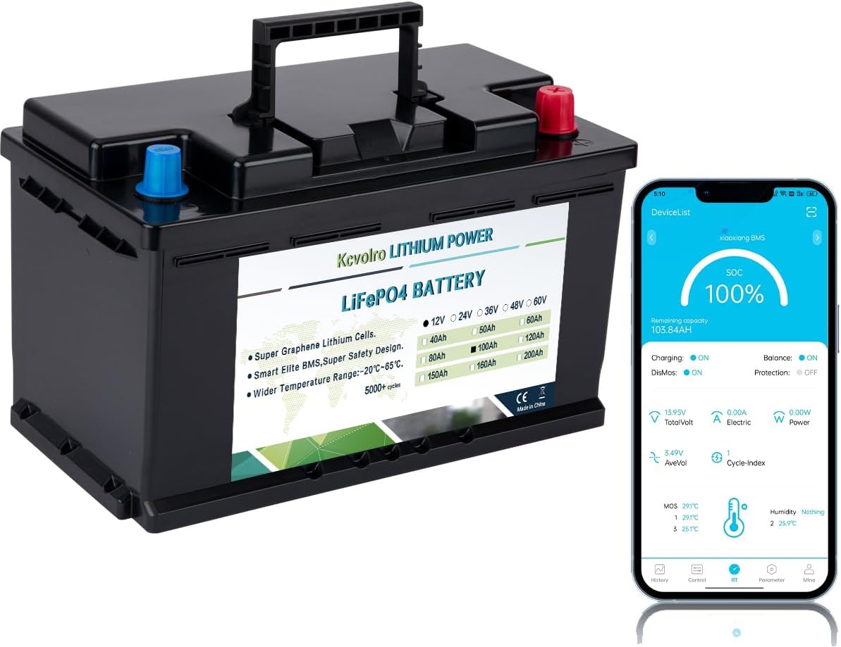 kcvolro batterie, 12 V, 100 Ah, noir | Taille : 12 V 100 Ah, au lithium LiFePO4 avec Bluetooth, 100 A BMS