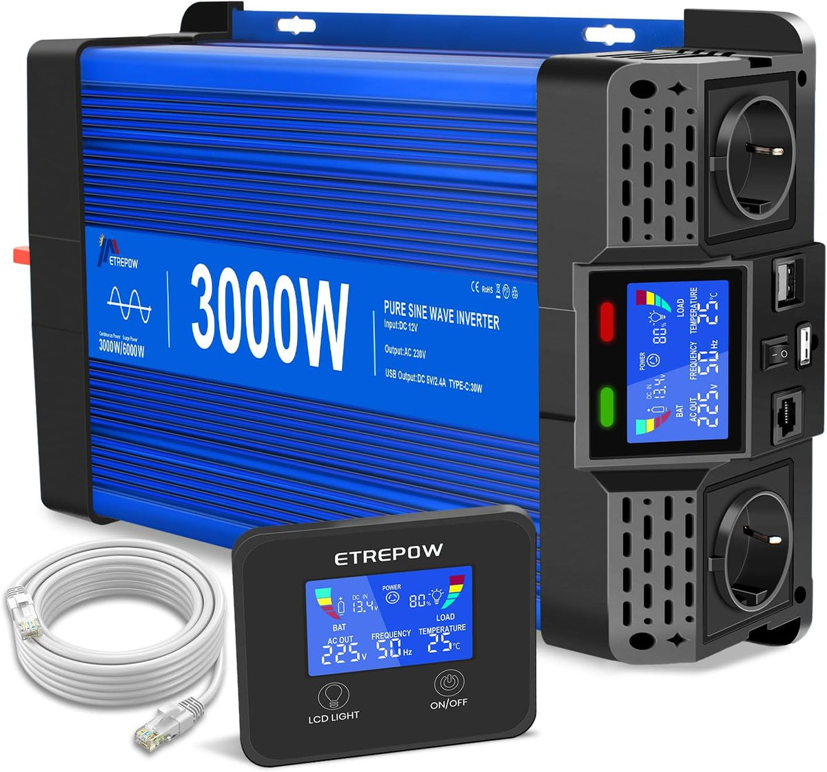 ETREPOW onduleur, 3000 W, 6000 W, 12v, 220v, Bleu/Noir, Convertisseur / Pur Sinus