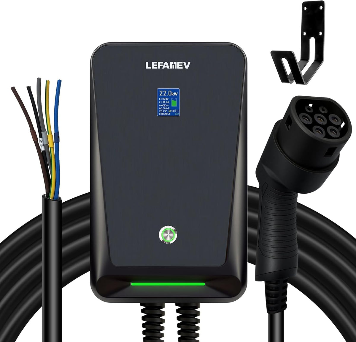 LEFANEV Stations de charge, 22KW, 6 m, Noir/Bleu, 32A/Type 2 Triphasé Chargeur Voiture Electrique, Chargeur EV avec écran Numérique