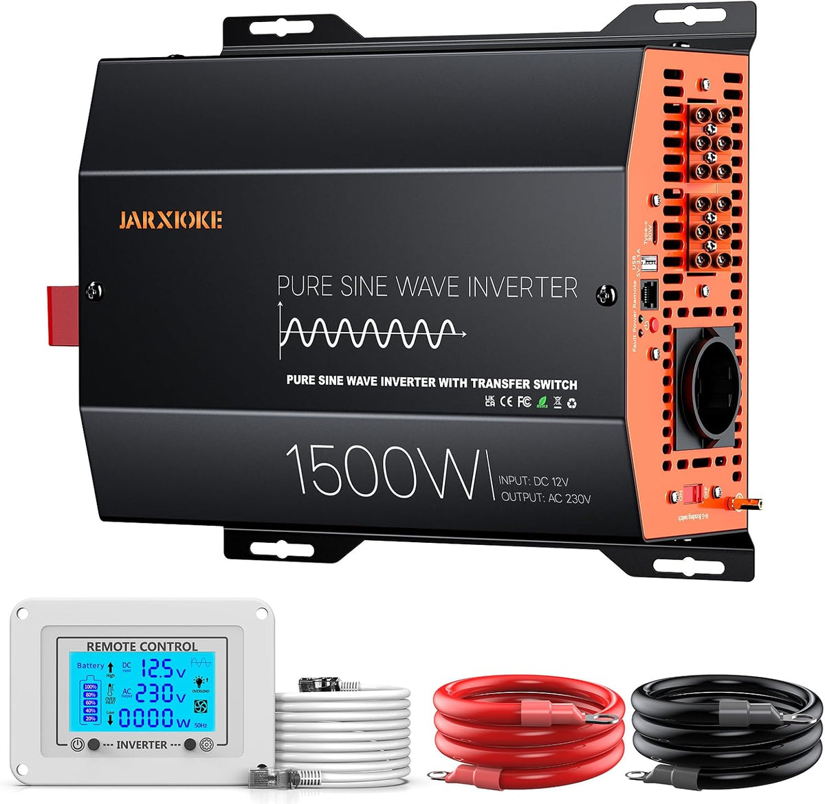 JARXIOKE onduleur, 1500 W, 12 V, 230 V, Noir/Gris, Bornes d'entrée/Sortie AC, Télécommande LCD, Camping-Cars