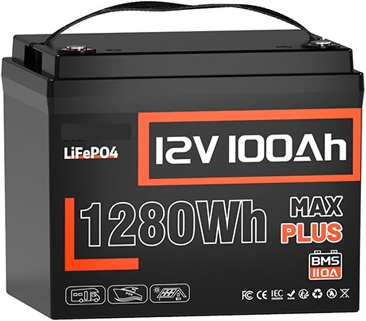 Yhytgbhk Alimentations portatives, 12 V 100AH MAX Plus, 10 x 7,63 x 8,25 pouces / 31 x 24,6 x 25,4 cm, 12,8 V, 12 V, 100 Ah, Noir/Gris