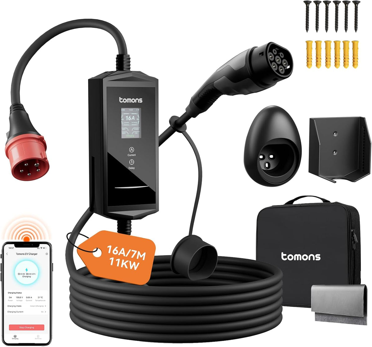 tomons Accessoires de station de charge, 11 kW, 7 m, Noir/Gris, Chargeur Voiture Electrique APP