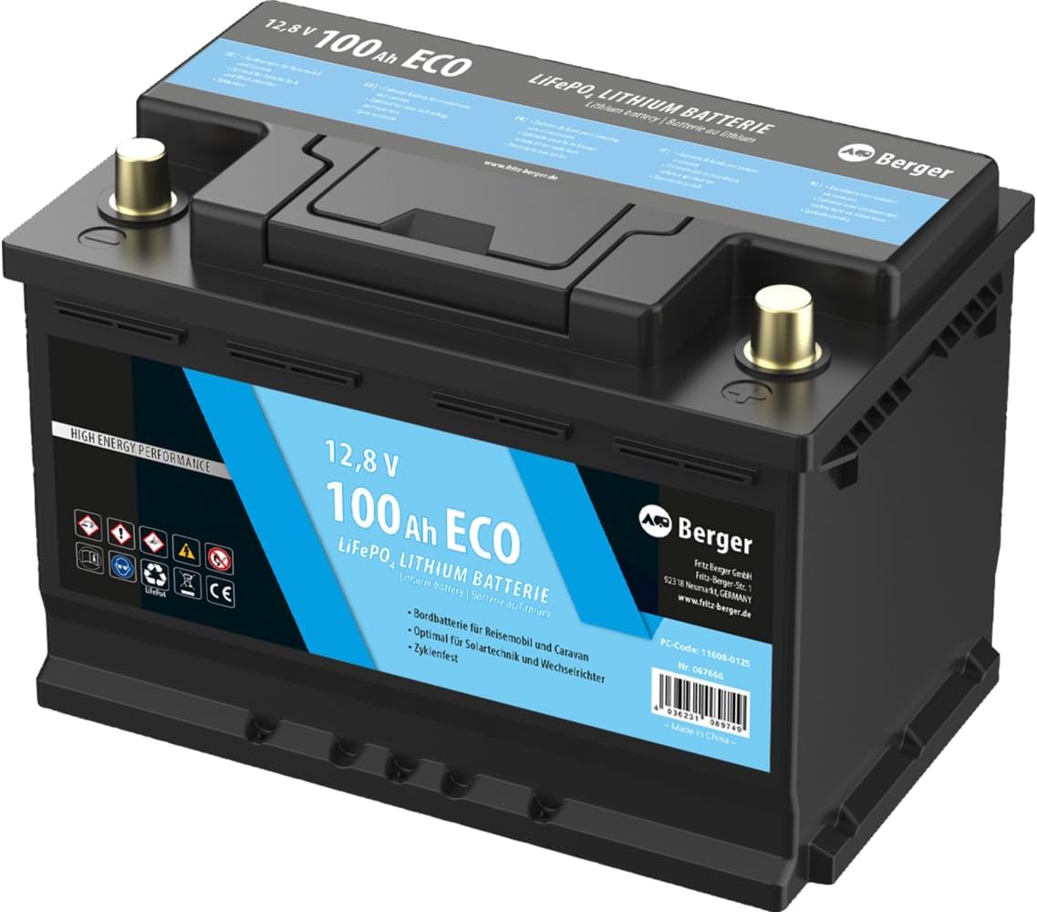 Berger batterie, 100 Ah, 12 V, Noir/Bleu, LiFePO4 au lithium avec Bluetooth