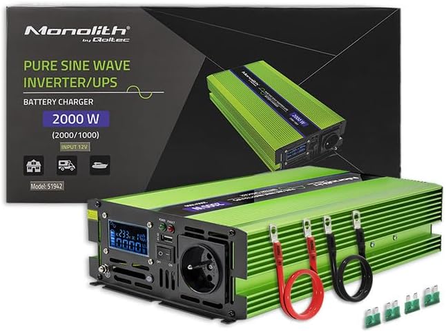 Qoltec onduleur, 2000 W, 12 V, 230 V, Noir/Vert, de Tension pour Voiture avec Chargeur de Batterie UPS, Onde sinusoïdale Pure