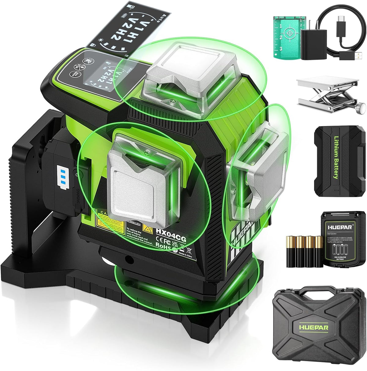 Huepar Traceurs de ligne laser, 4 x 360, Vert, Niveau Laser 16 Lignes avec Écran LCD, Piles Rechargeables au Lithium et Alcalines