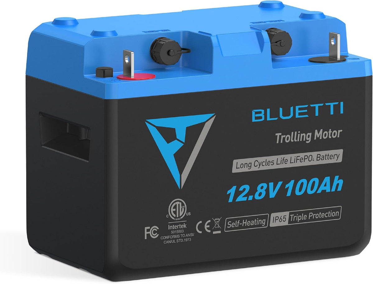 BLUETTI batterie, 12,8 V, 100 Ah, Noir/Bleu, Lithium LiFePO4 pour Moteur de Pêche - avec Bluetooth, BMS Intégré 300A