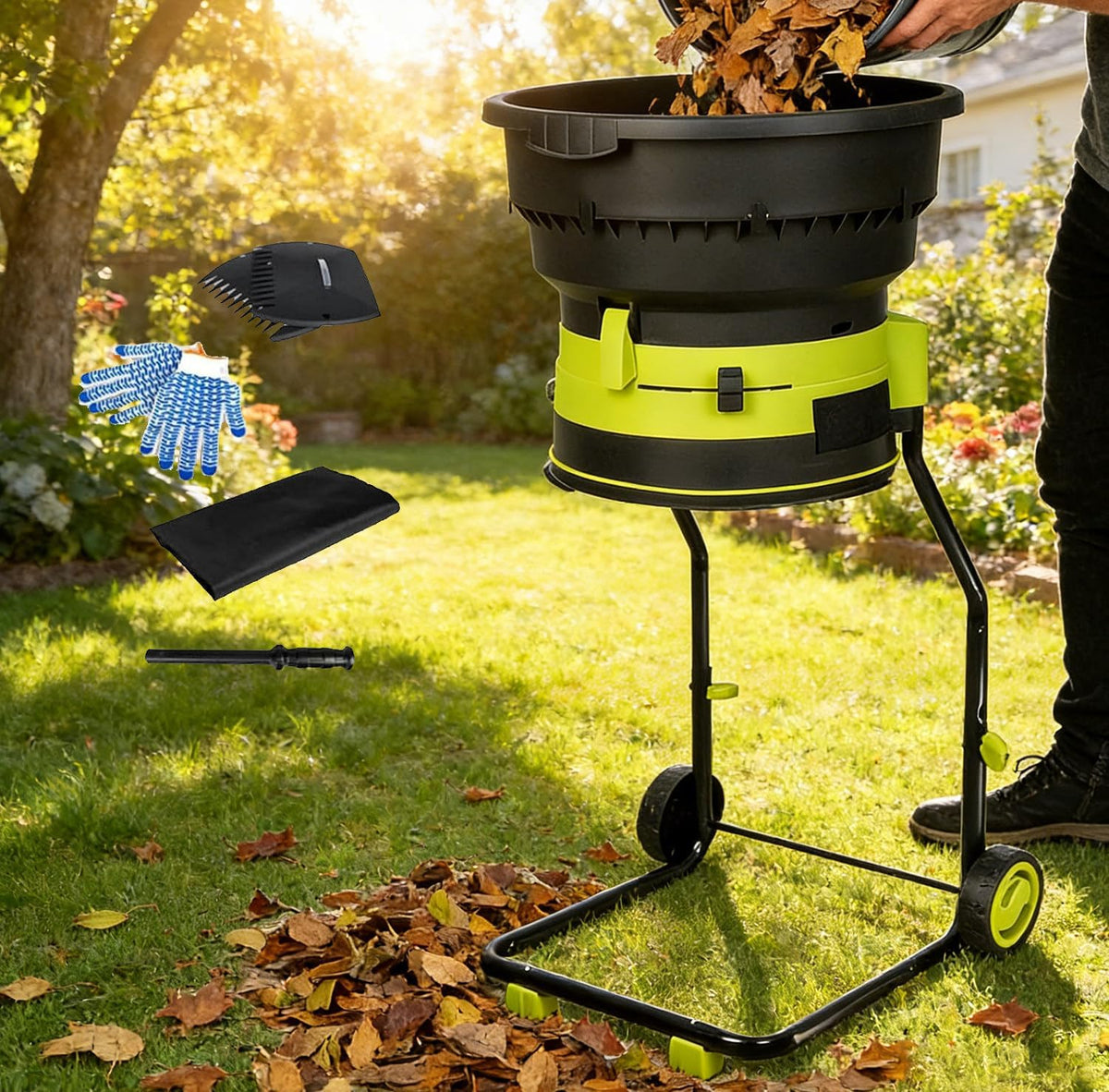 Naturalpowev broyeur, 53 x 114 x 54 cm, 2500 W, 8000 TR/Min, 10 m, Vert et noir, Vegetaux Électrique, Feuilles Mortes avec Paillage 55 Gallons/Min